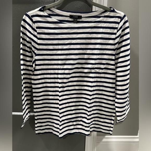 J. CREW Navy Blue And White Striped 3/4 Sleeve Blouse Size Small - Picture 1 of 7